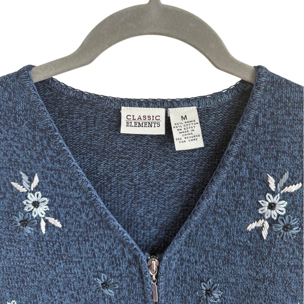 Vintage Blue Floral Embroidered Knit Vest Zip Up M - Picture 6 of 6